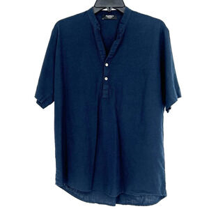 Alcott Mens Linen Blend Shirt Navy Blue Short Sleeve V Neck Casual Size M